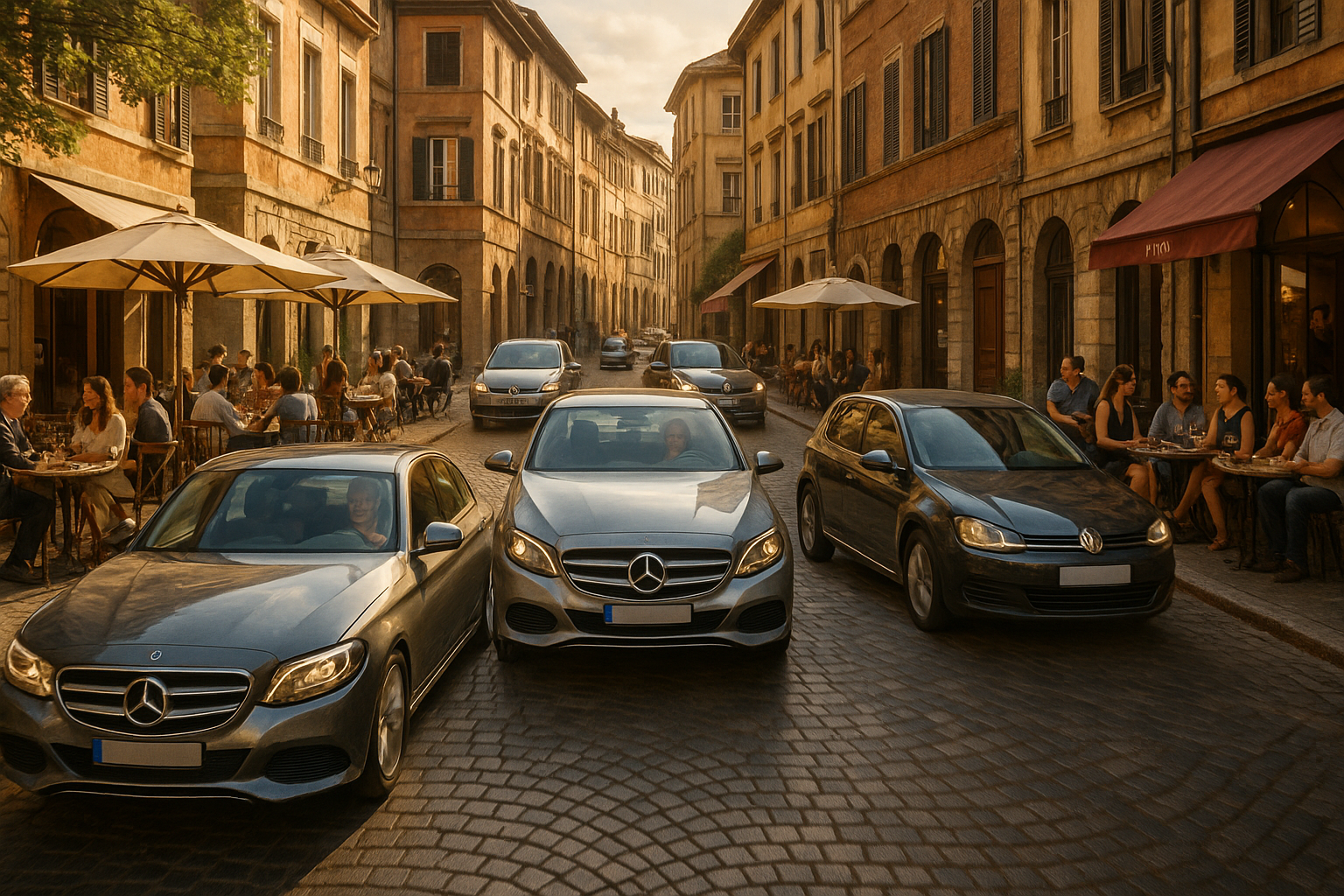 In one of the European street, where people sitting on the side of the sidewalk, drinking and talking, and in the middle of the image, there are all brands of cars driving, the people from the driver side looks happy and enjoy their driving experience. Show the speed of cars, make all real